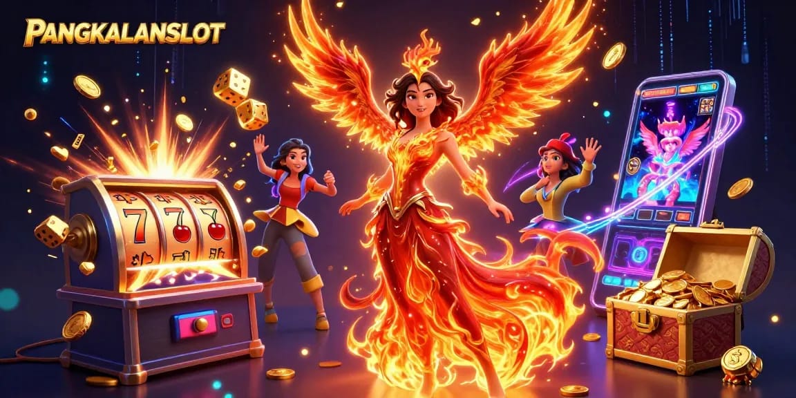 PANGKALANSLOT features a vibrant Asian gaming scene with slot machines and magical elements.