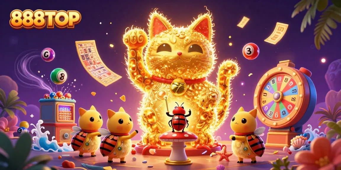 Experience the thrill of 888TOP with vibrant gaming elements and a lucky cat surrounded by casino-themed visuals.