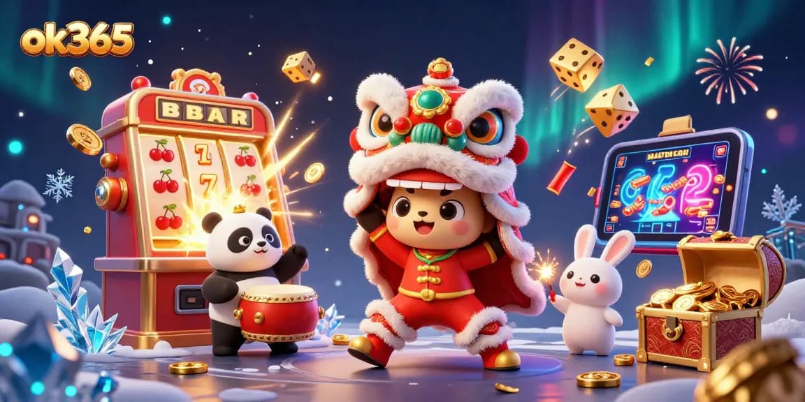 Experience the thrilling casino world at ok365 with a vibrant slot machine and playful characters.