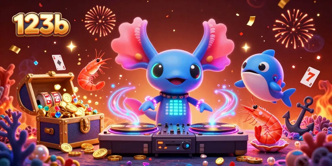 Experience the excitement at 123b with a vibrant underwater casino scene featuring animated characters and game elements.