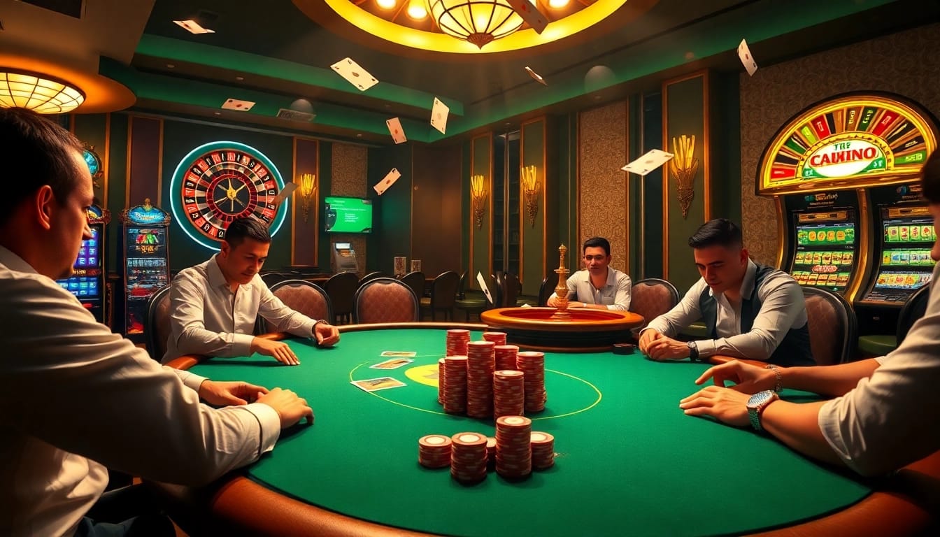Engaging scene of gamblers playing at MM88, showcasing poker, roulette, and exciting casino elements.