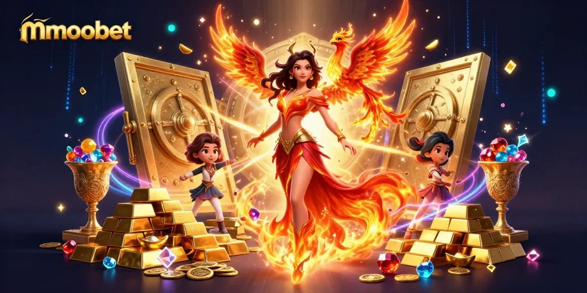 mmoobet's stunning casino illustration capturing an Asian woman in a fiery gown with treasure and gaming elements