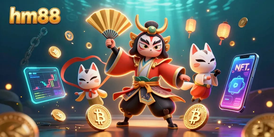Experience the thrill of gaming with hm88's vibrant casino illustration featuring dynamic characters and crypto elements.