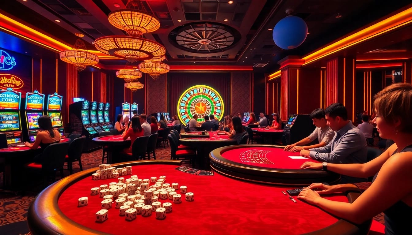 Players enjoying the vibrant atmosphere at 789win223.com casino with poker and slot machines.