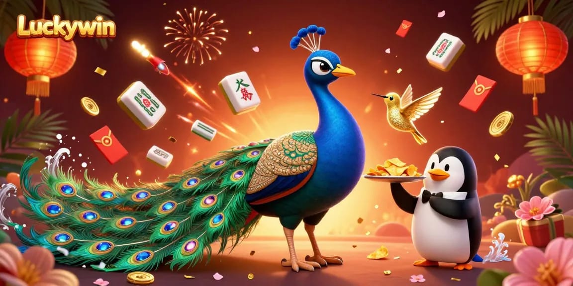 Luckywin showcases vibrant casino elements with a flamboyant peacock and a butler penguin, inviting players to join.