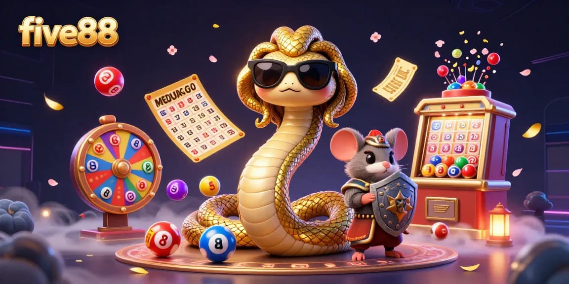Experience excitement with five88 in this vibrant lottery-themed illustration featuring dynamic game elements.