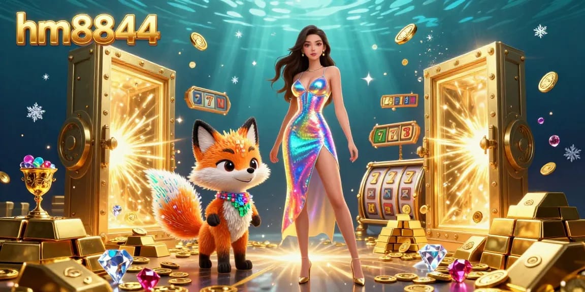 Interact with the dazzling 3D scene of hm8844 showcasing vibrant slot reels amid a treasure-filled panorama.