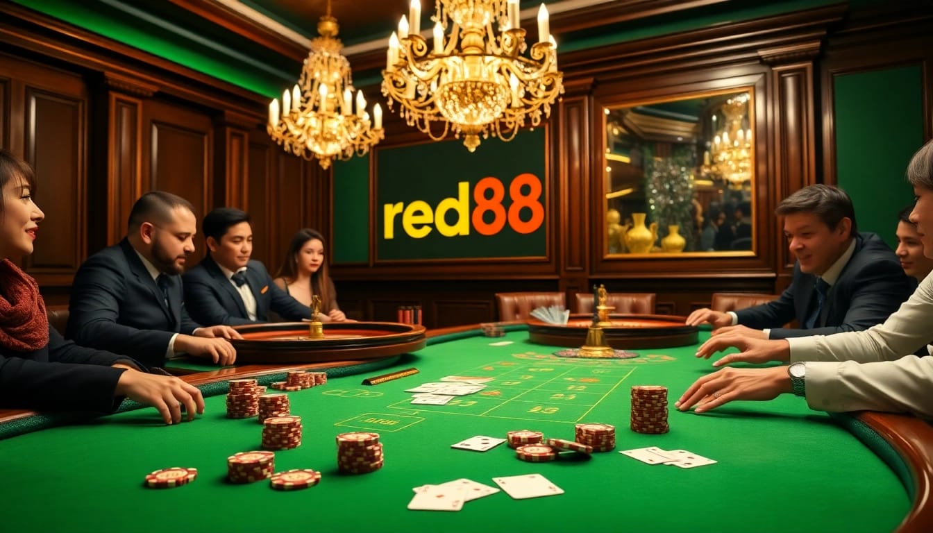Players enjoying a high-stakes poker game at a luxurious location, highlighting excitement at red88 casino.