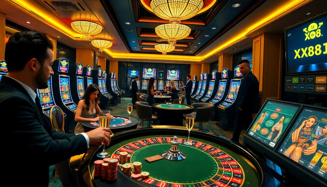 Exciting gambling scene at XX88, featuring stylish players at roulette and poker tables with vibrant lights.