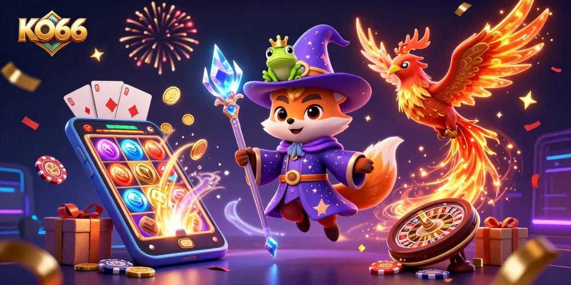 Experience excitement at KO66 with this magical illustration of a wizard fox and phoenix amidst thrilling casino elements.