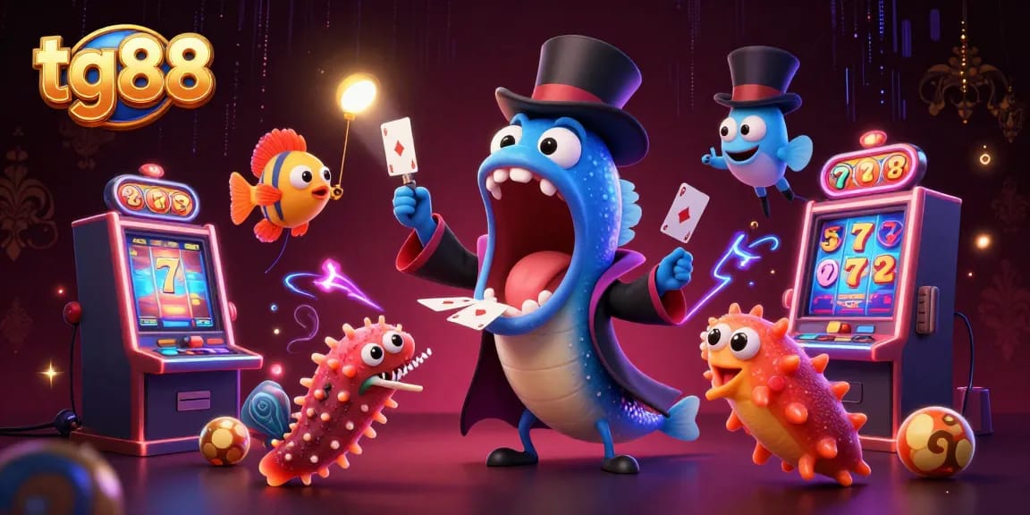 Experience thrilling gaming action with tg88 as the deep-sea gulper eel performs stunning card tricks in a vibrant casino scene.