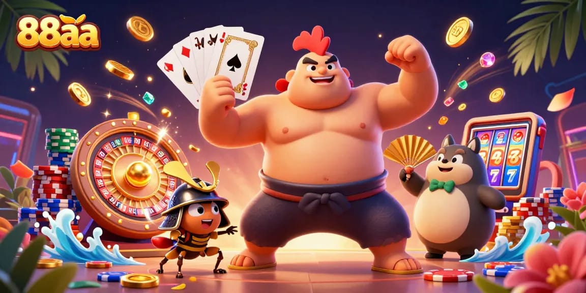 Experience the excitement of 88aa with vibrant characters and dynamic gambling elements in a colorful casino scene.