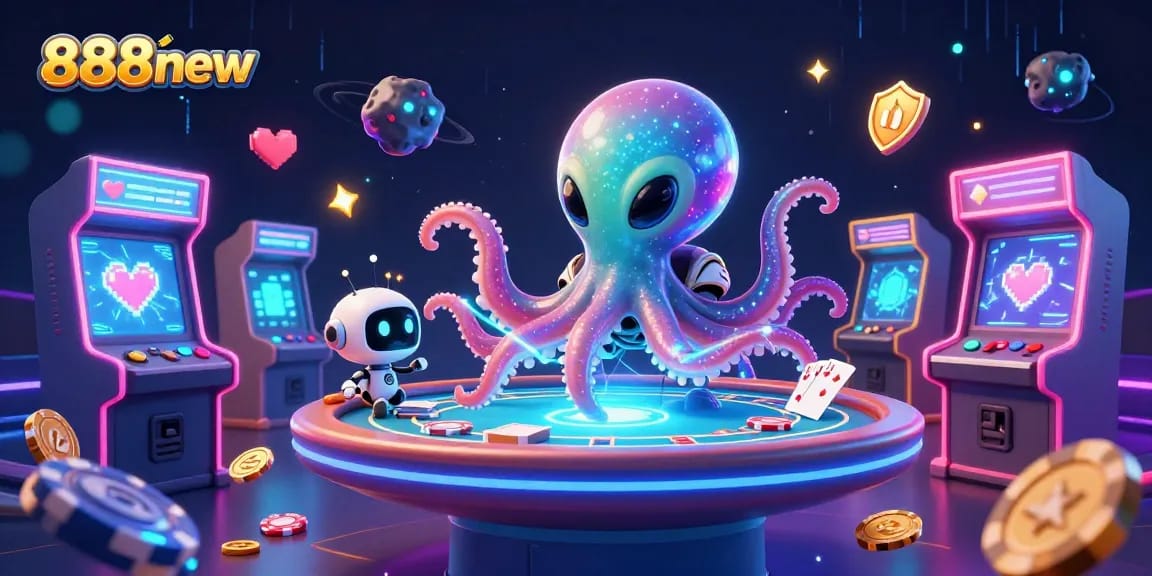 Engage with 888new's thrilling holographic poker experience led by a 3D octopus and robot.