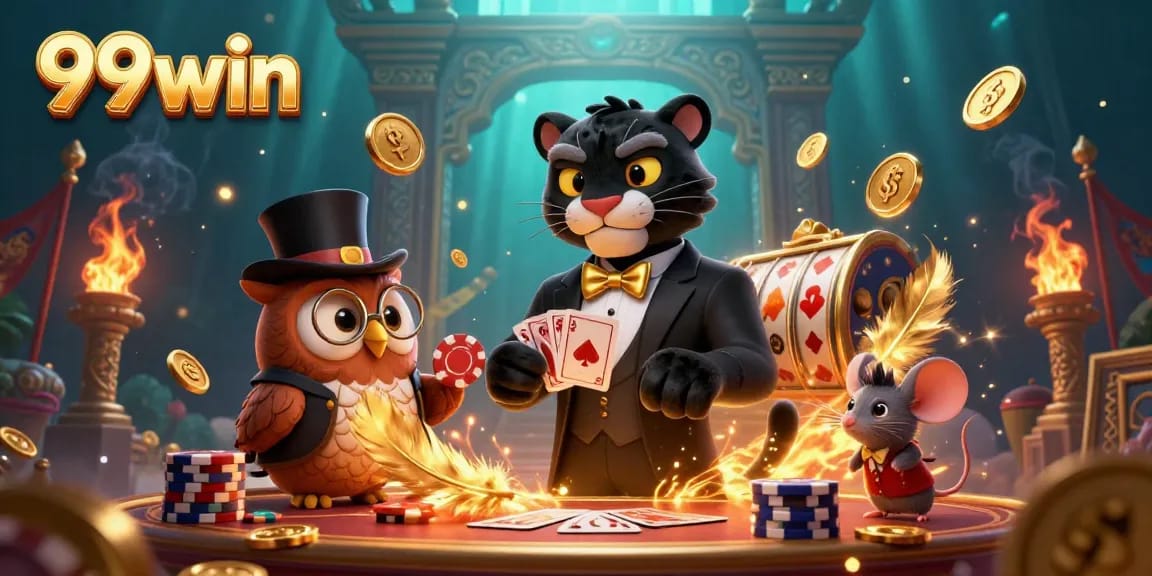 Experience 99win's thrilling casino atmosphere with a stylish panther, owl, and lucky mouse!