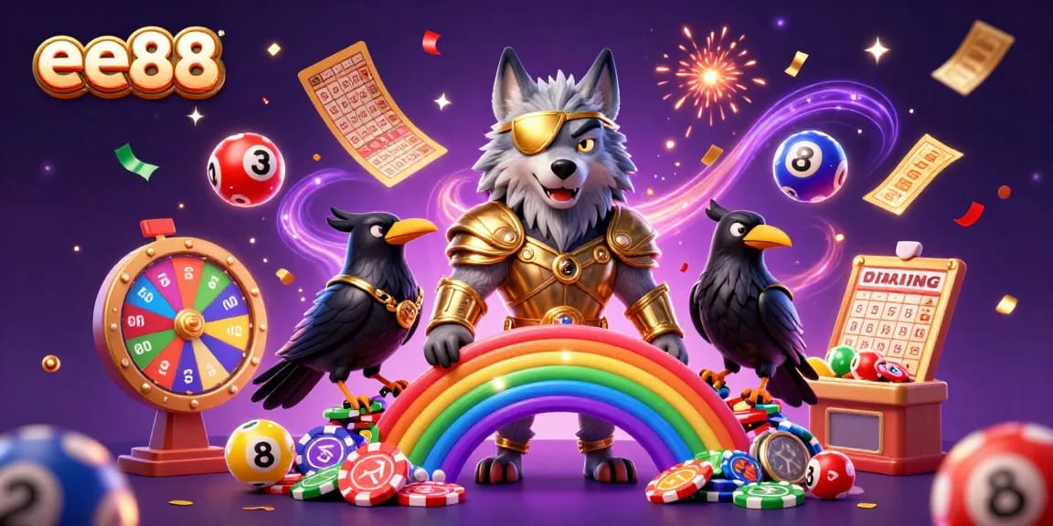 Experience vibrant action with ee88 as lottery balls bounce around Odin and ravens in a magical casino scene.