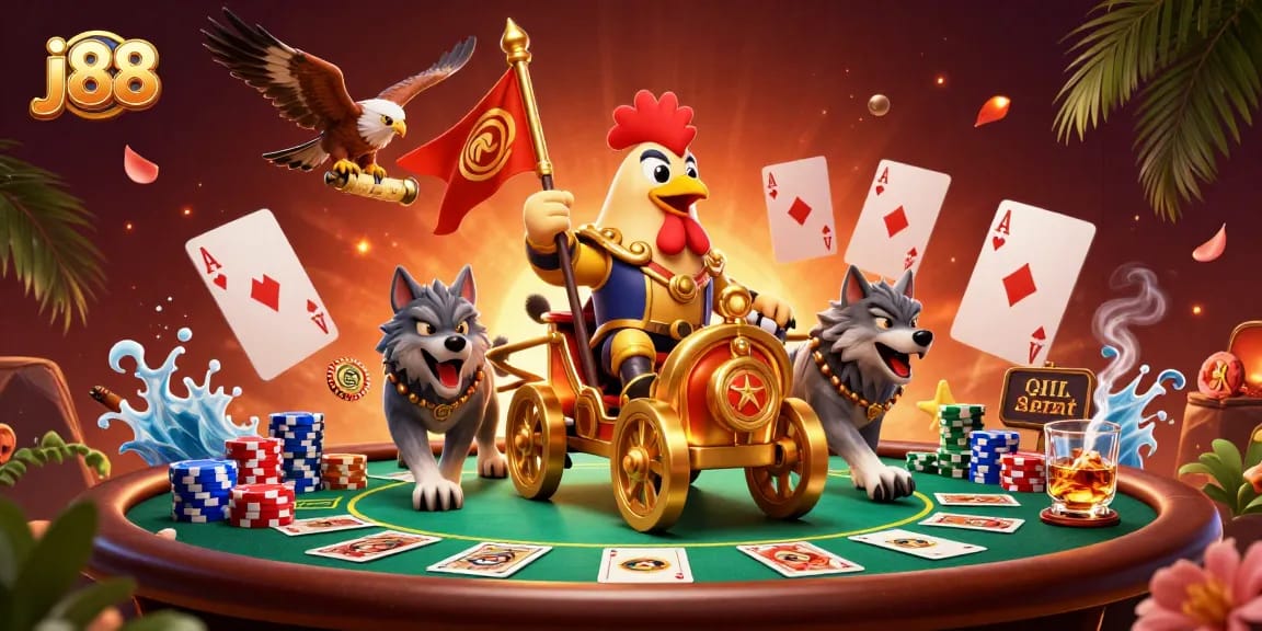 Engage in j88 poker action with a rooster warlord and poker elements in a vibrant casino scene.