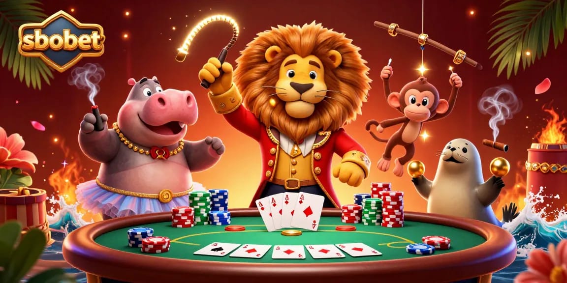 Sbobet showcases a lively poker scene featuring a cartoon lion and friends, highlighting gambling excitement.