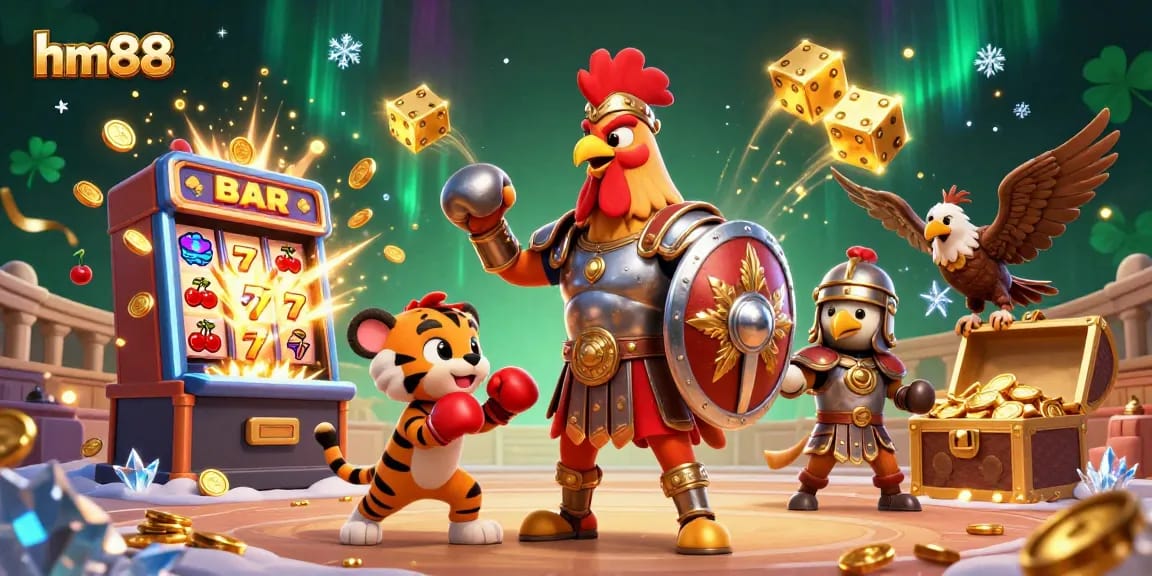 Experience thrilling wins at hm88 with a vibrant 3D casino-themed illustration.