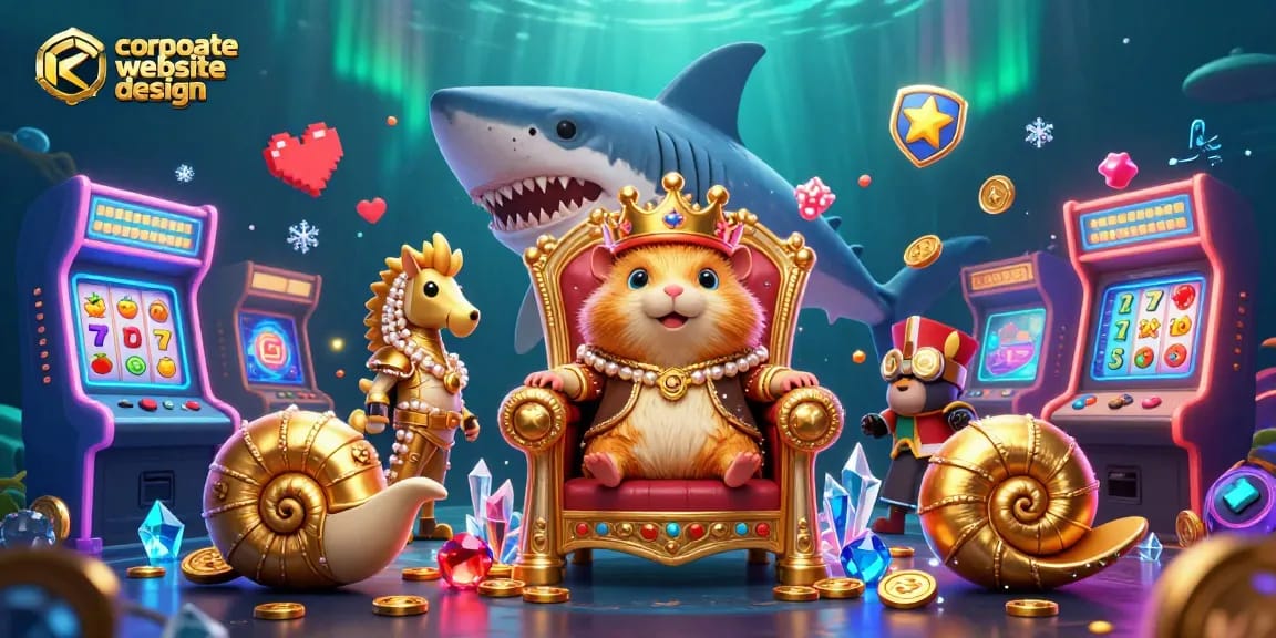 Experience a dynamic scene illustrating corporate website design with a hamster king and casino elements.