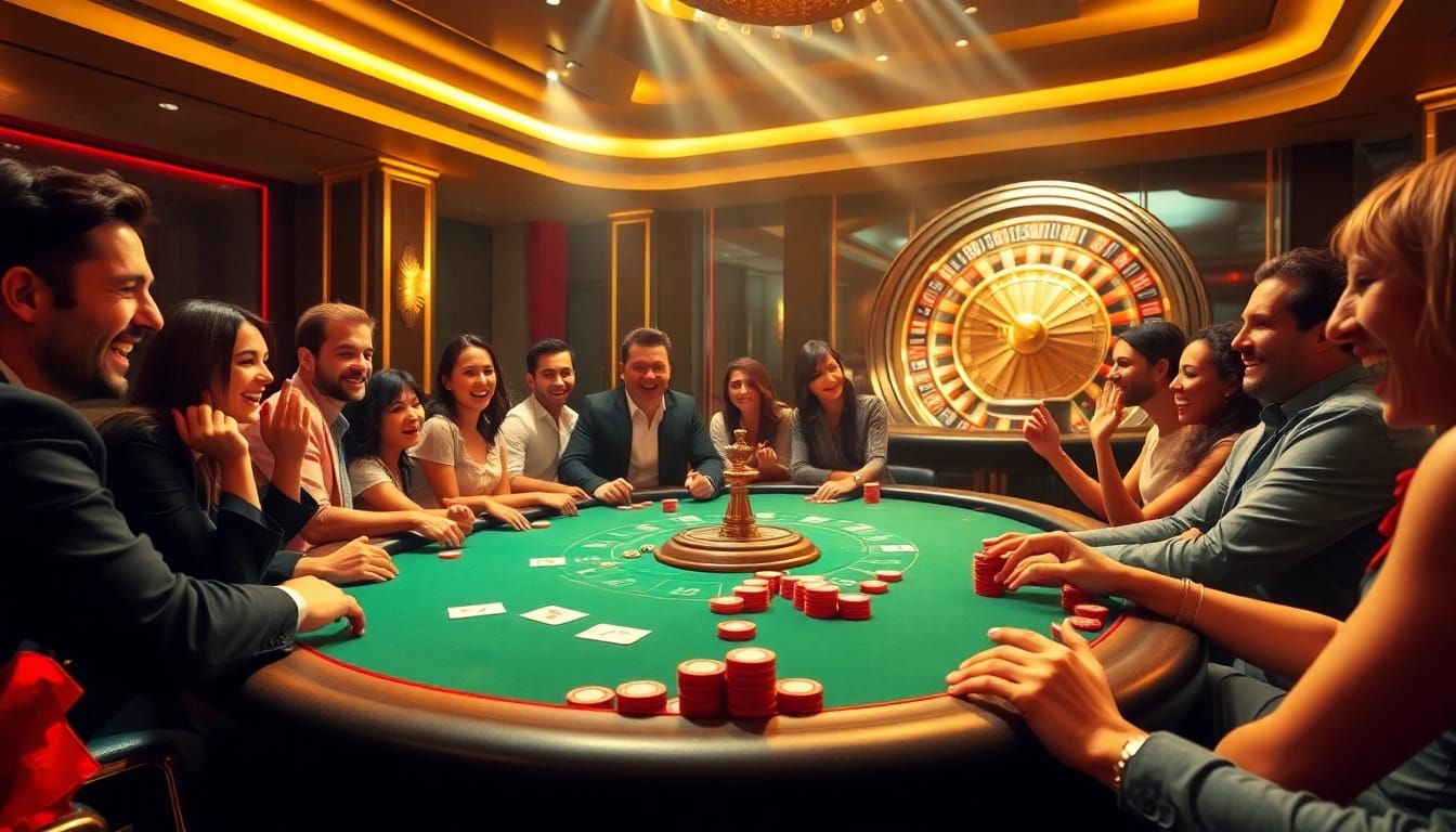 Experience the excitement of gambling at XX88 casino with vibrant poker tables and lively players.