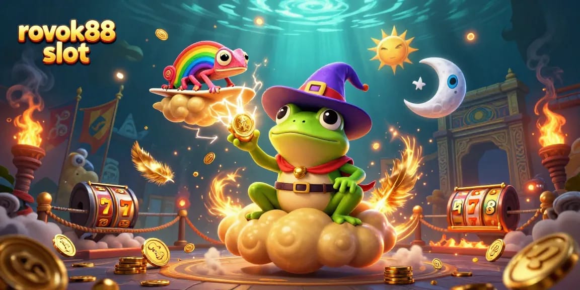 Experience the thrill of rokok88 slot with vibrant characters in a dynamic casino scene filled with golden coins and jackpots.