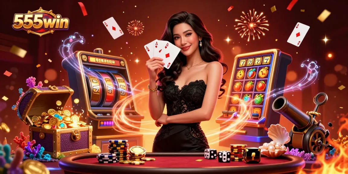 Win big at 555win with a glamorous casino scene featuring an elegant dealer and extraordinary game elements.