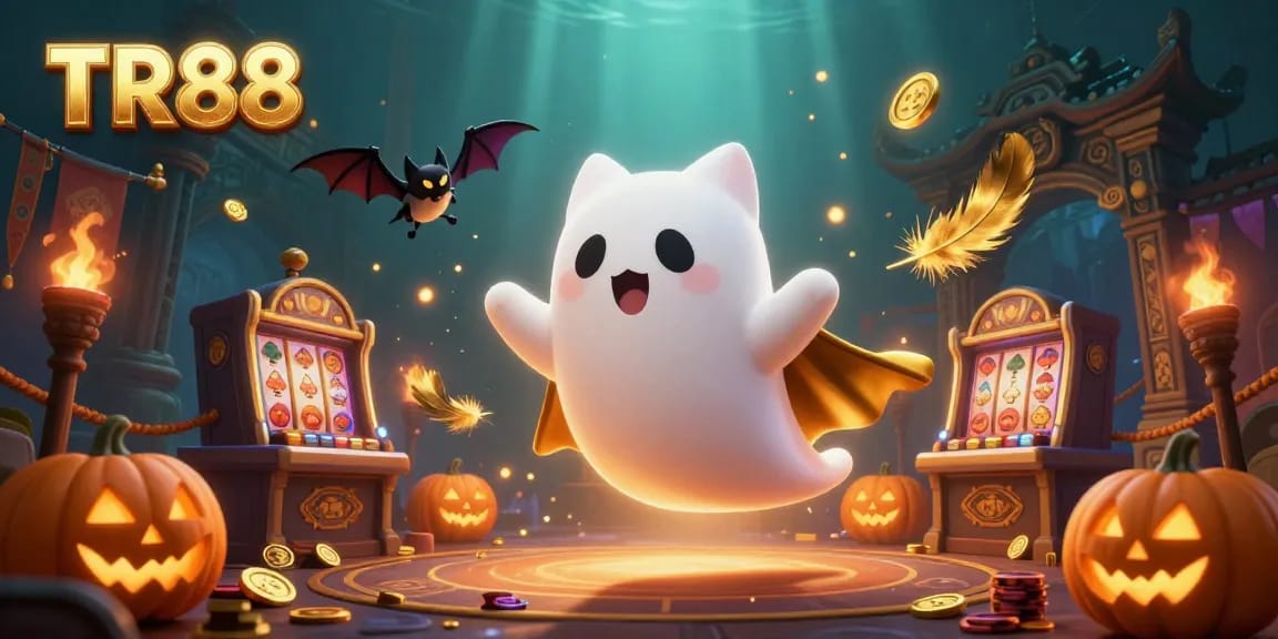 Engage in thrilling moments with TR88's vibrant ghost cat and bat in a bustling casino adventure.