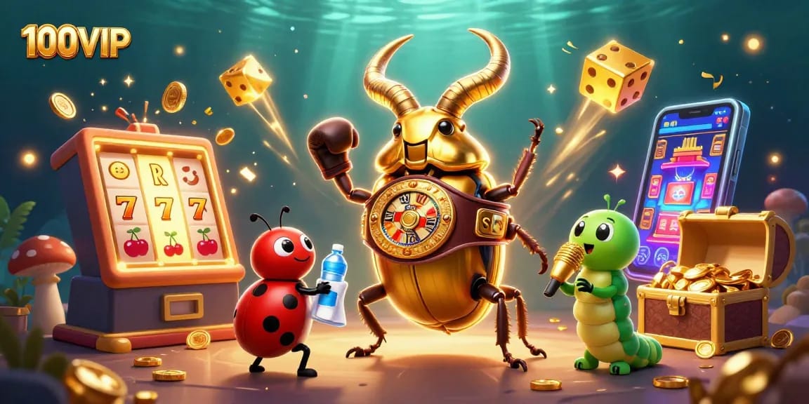 Play thrilling games at 100VIP with a vibrant illustration of action-packed casino adventure.