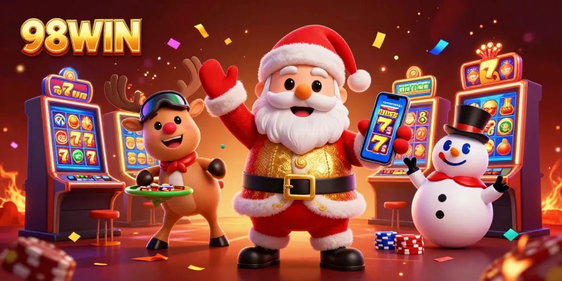 Experience the excitement of 98WIN slots with Santa Claus and friends celebrating jackpots!
