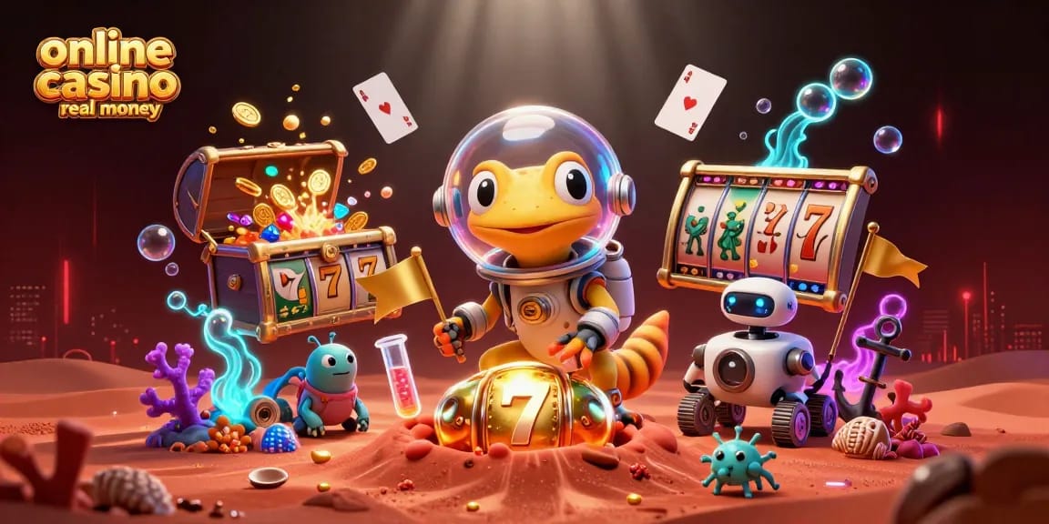 Experience online casino games real money in this vibrant Martian-themed illustration full of excitement.