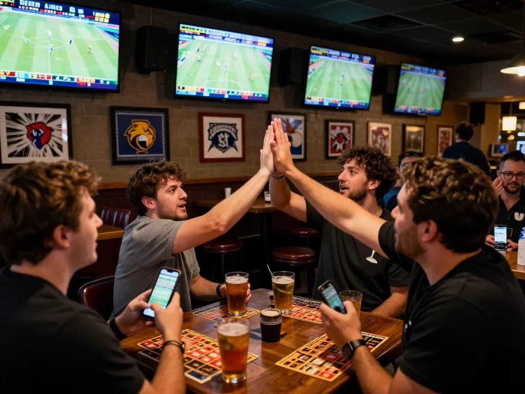79KING betting scene in a lively sports bar with fans cheering on live games while placing wagers.