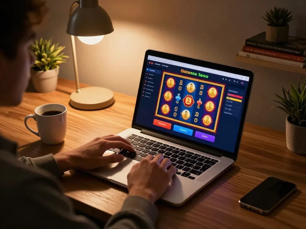Engaging online gaming experience on Nhà Cái RR88 with vibrant slot games on laptop.