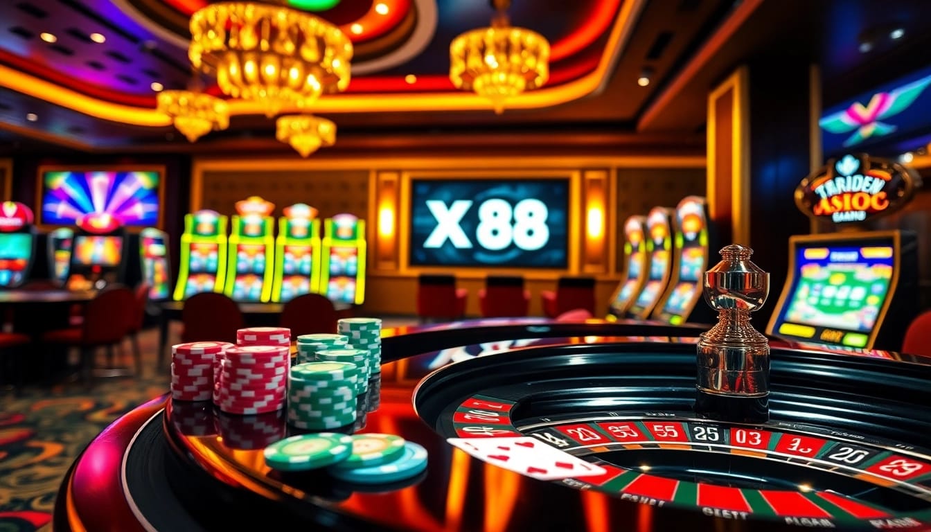 Enjoying a thrilling game at XX 88 casino with vibrant poker chips and immersive slot machines.