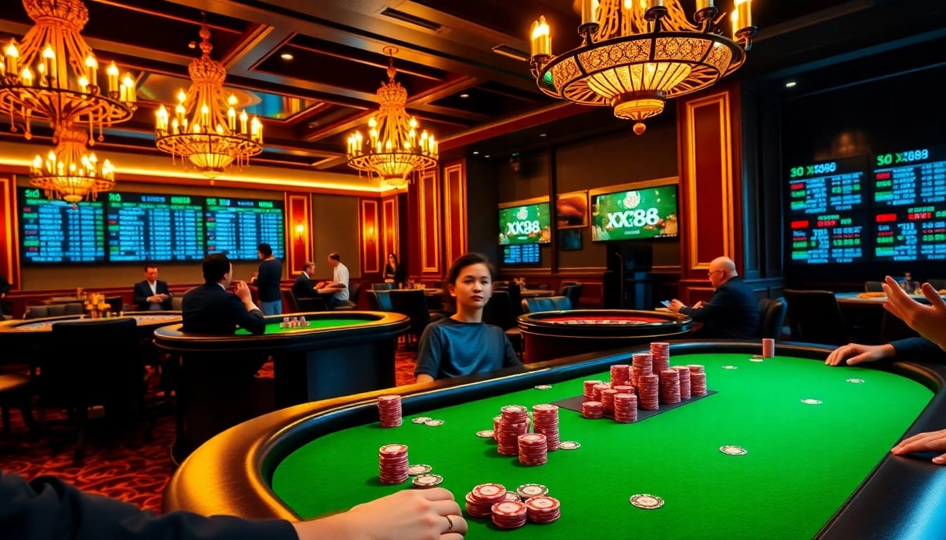 Players enjoying a thrilling game at the stylish XX88 casino poker table.