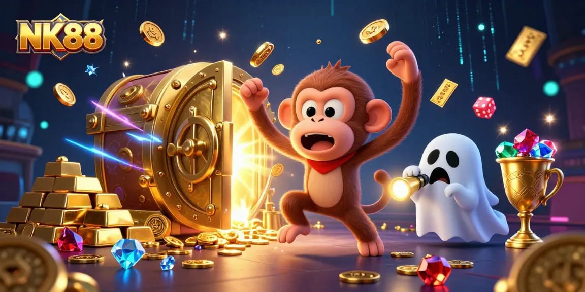 Win big with NK88 in a vibrant haunted casino scene featuring magical elements.