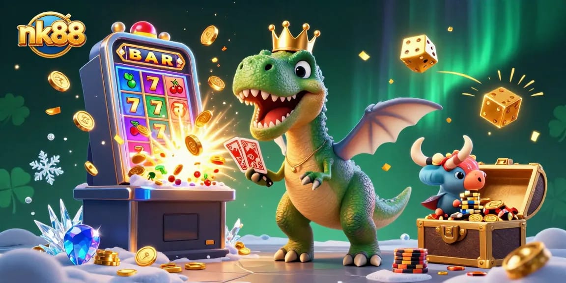 Experience thrilling gameplay at nk88 with colorful 3D casino characters enjoying slot machines and jackpots.