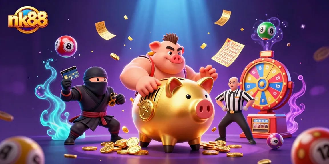 Watch nk88's golden piggy bank sumo wrestler compete amid vibrant casino elements.