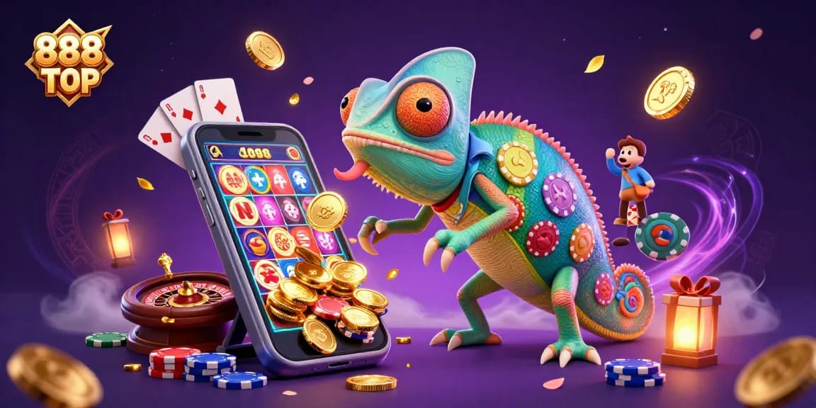 Experience the thrill of 888TOP with a vibrant chameleon casino owner surrounded by gaming elements and treasures.