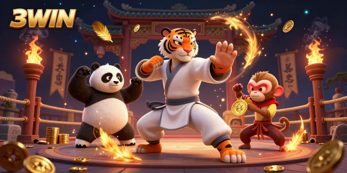 Engage in thrilling gameplay at 3WIN, where a kung fu tiger and allies celebrate casino victories amidst gold.