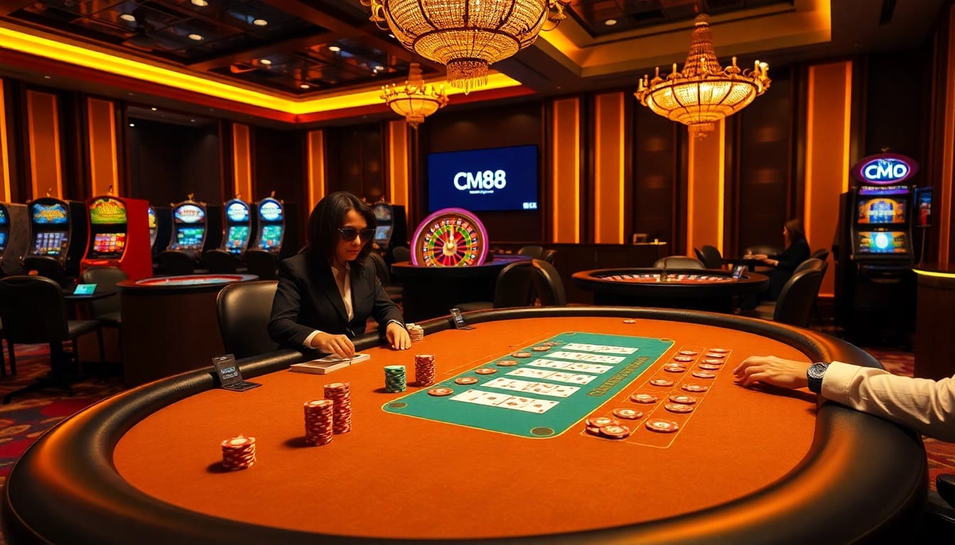 CM88 poker table with vibrant chips and cards showcasing a high-stakes game in a luxurious casino.