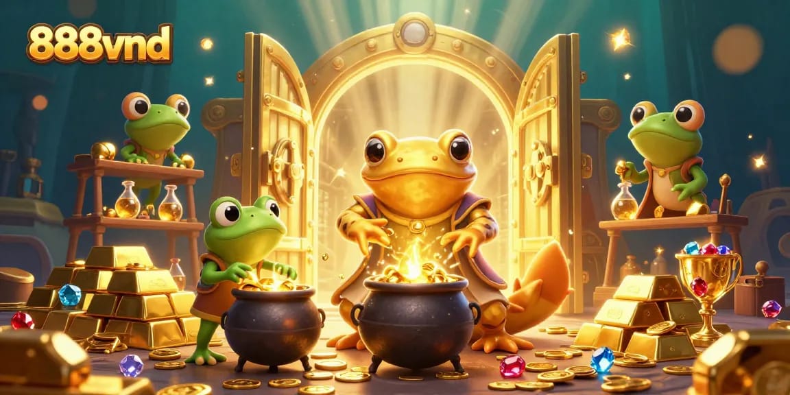 Engage with 888vnd in a magical scene of golden coins and treasures, showcasing the excitement of online gambling.