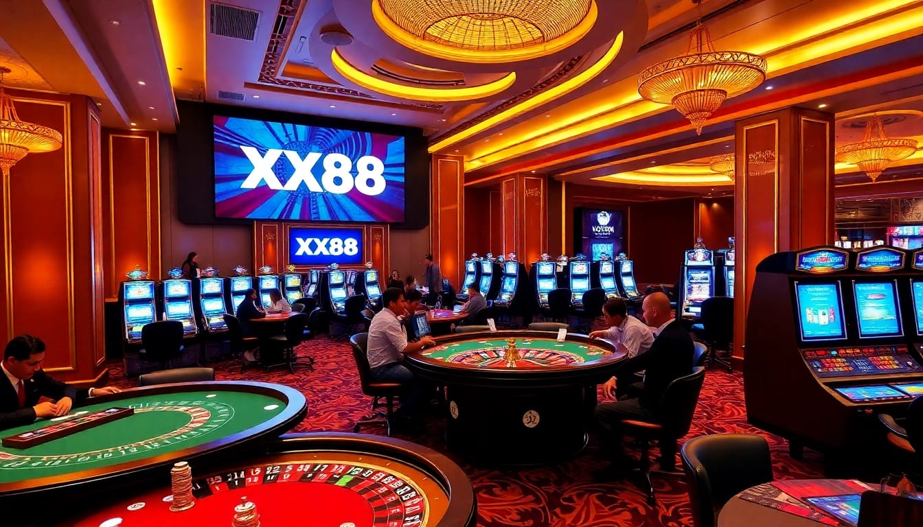 Players enjoying various games at XX88 casino, showcasing excitement and luxury.