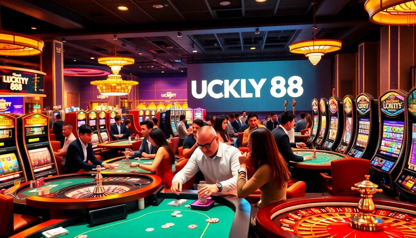Experience the excitement of LUCKY88 casino gaming with vibrant tables and eager players.