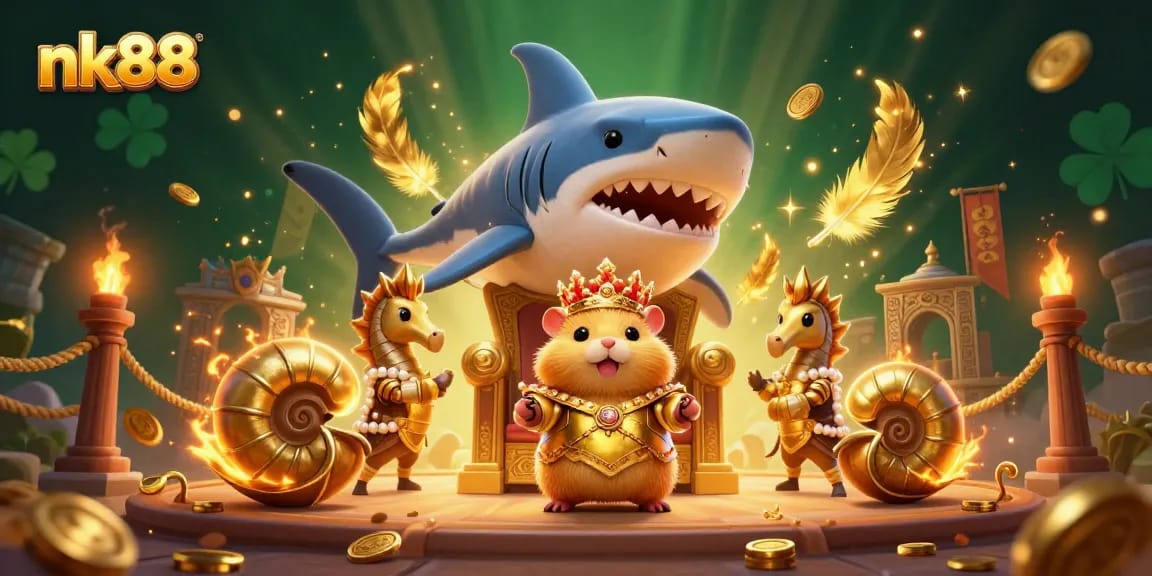 Experience thrilling gameplay at nk88 with a captivating scene of a hamster king and casino elements.