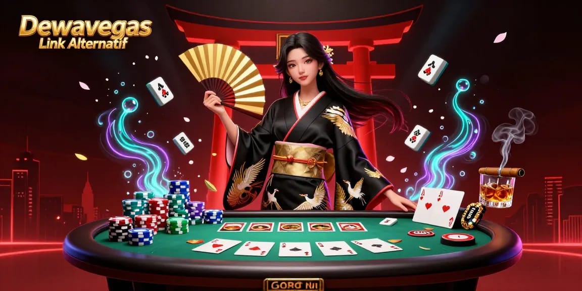 Dewavegas Link Alternatif showcases an Asian woman in a kimono at a dynamic poker scene.