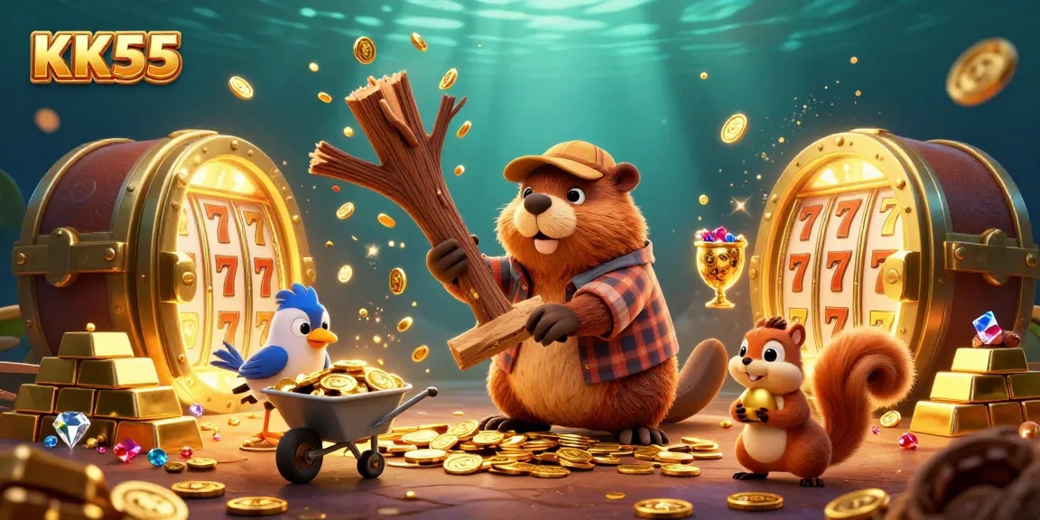 Experience KK55's thrilling jackpot as beaver and friends collect golden coins in a dynamic casino setting.