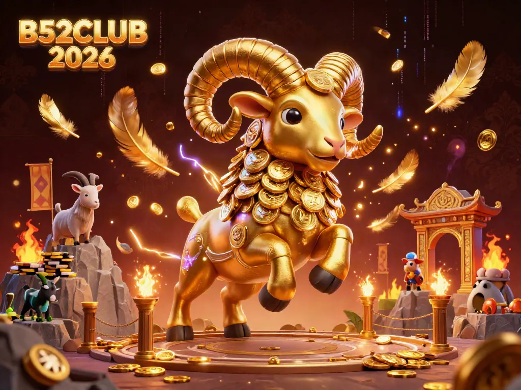 Experience thrilling gaming at B52CLUB 2026 with the dynamic scene of a golden ram charging amidst exciting casino elements.