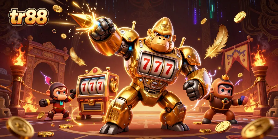 Engage in thrilling tr88 action with a golden gorilla mech amidst a vibrant casino arena.