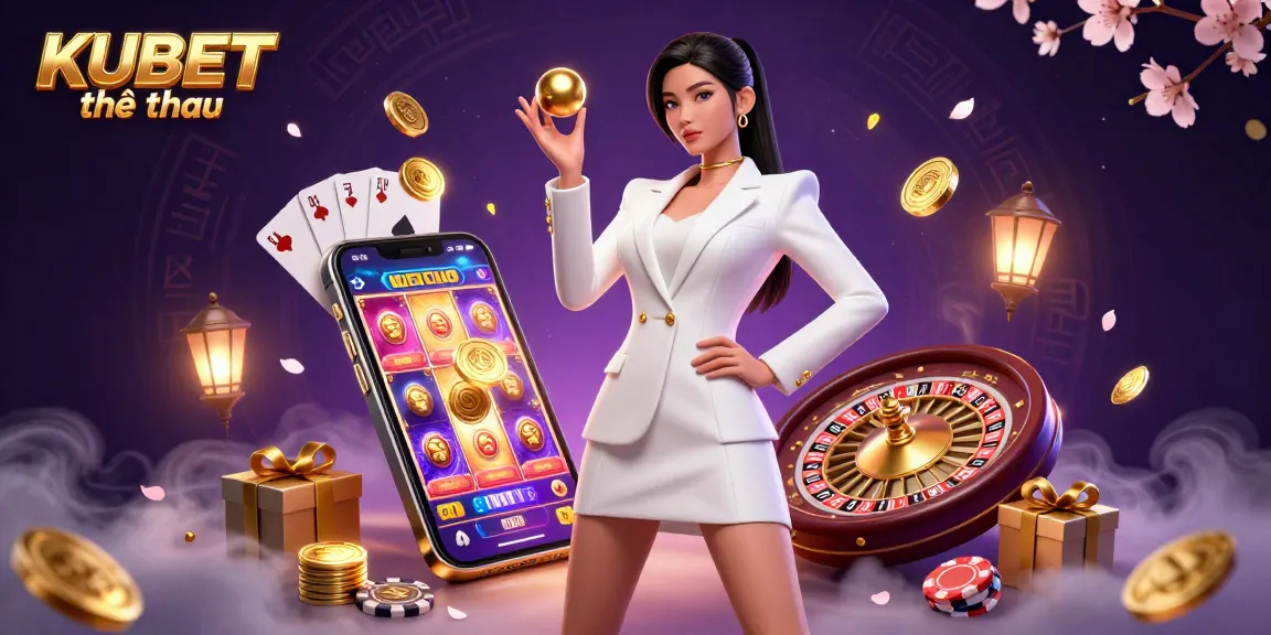 KUBET thể thao featuring a stunning Asian woman holding a golden roulette ball amidst exciting casino elements.