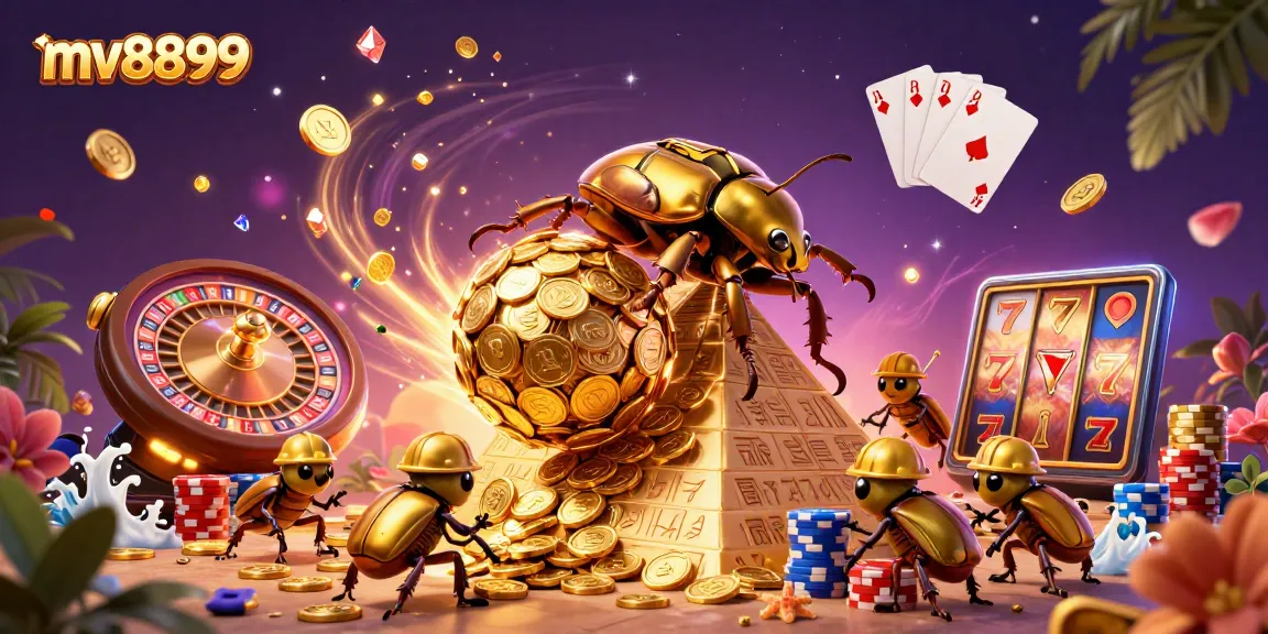 Experience the excitement of mv8899 with a dynamic scene featuring golden coins and casino elements.